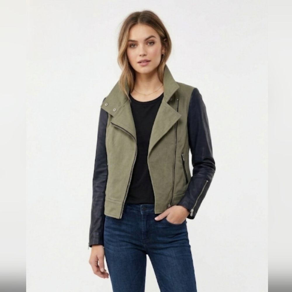 🌷Mackage Andra Leather Sleeve Canvas Moto Jacket Two-Tone🌷 Like NEW size:S